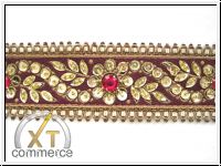 Handbestickte Borte Blumen Aubergine Pink Gold